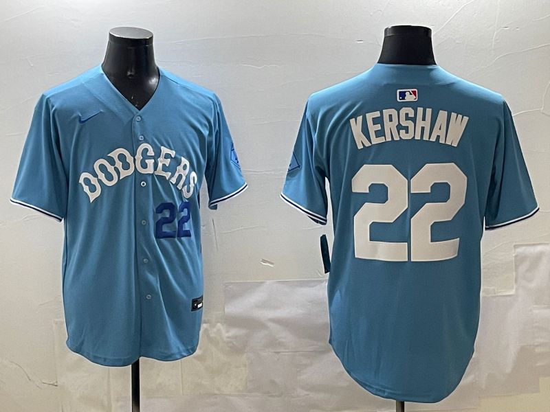 Men Los Angeles Dodgers 22 Kershaw Light Blue Joint Name 2025 Nike MLB Jersey style 11